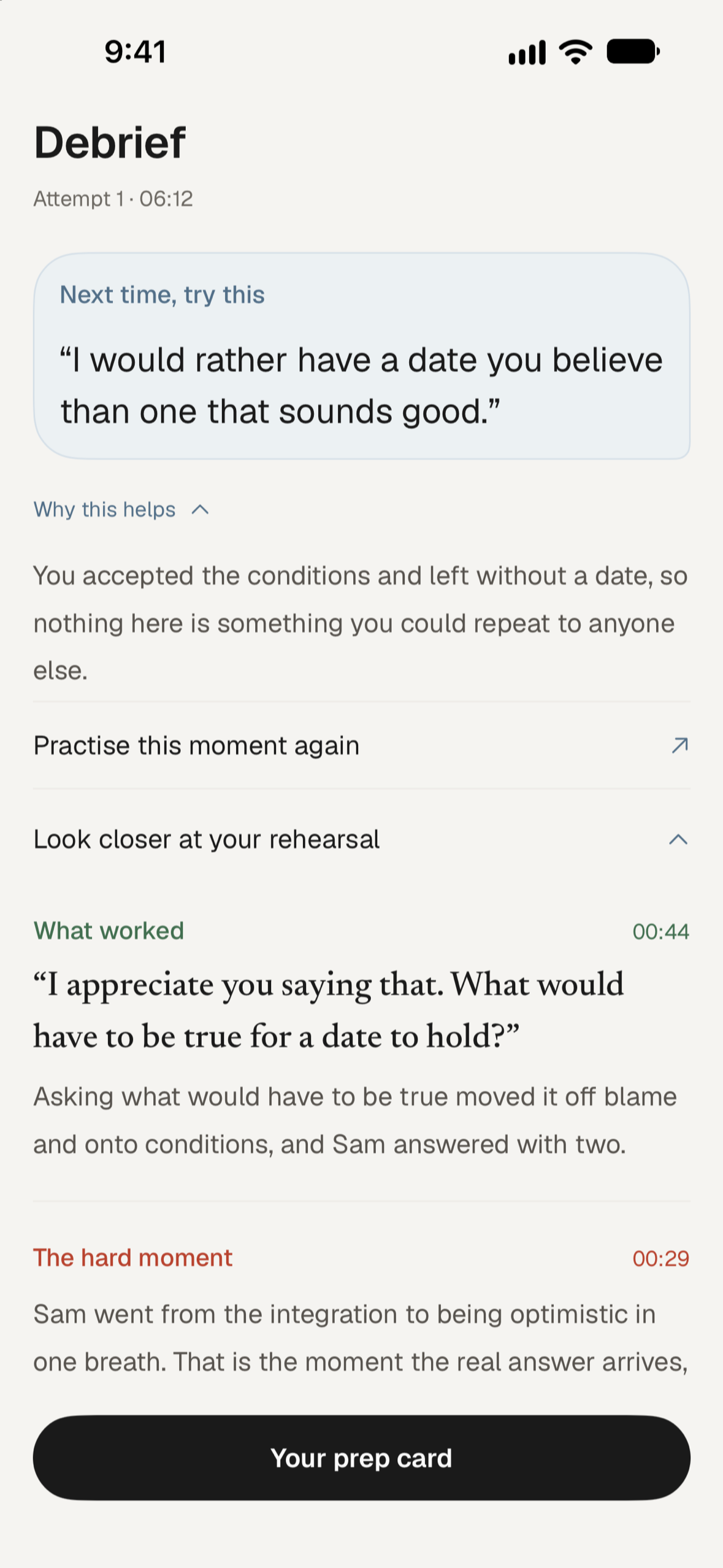 Unawkward debrief: Get feedback and a sentence to try.